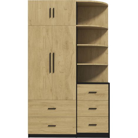 Kleiderschrank mit Kleiderstange, 5 Schubladen, 110 x 40 x 186 cm, Natur/Schwarz, MODENUIT (1/5)