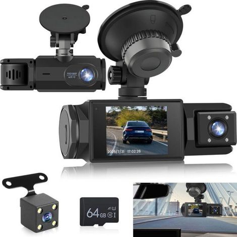 Dashcam - Caméra 3 Canaux Sans Fil WiFi avec Application - Vision Nocturne - Écran IPS 2 Pouces - Résolution Full HD 1080P - Pour Surveillance Intérieure et Arrière - Carte SD 64 Go Incluse (1/5)