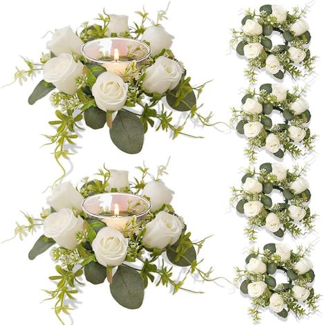 Lot de 6 anneaux pour bougies, couronne de feuilles d'eucalyptus artificielles, porte-bougies piliers pour décoration de table, porte de porte, mariage, etc. Petites couronnes de bougies blanches. (1/5)