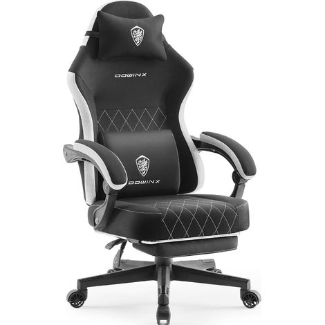 Dowinx Ergonomischer Gaming Stuhl, Stoff, Federkissen, Massage-Lendenstütze, Fußstütze, Bis 135kg, Schwarz, Groß (1/5)