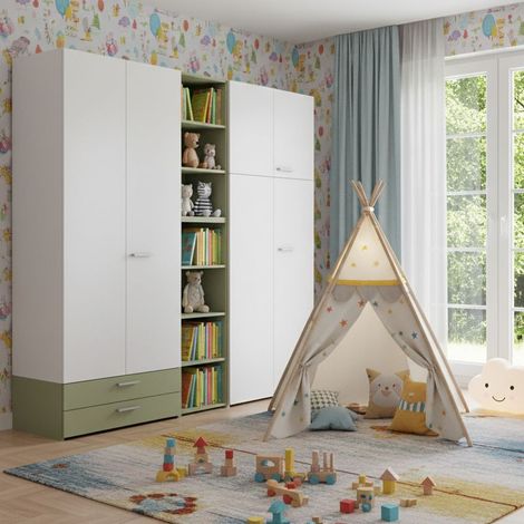 L.225 H.225,8 - Armadio con libreria incorporata e cassetti - Design moderno e funzionale - Bianco e Salvia