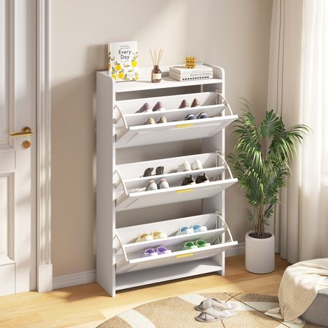 Scarpiera con 6 scomparti e ante ribaltabili, bianco, in MDF, 70 x 24 x 120 cm (1/5)