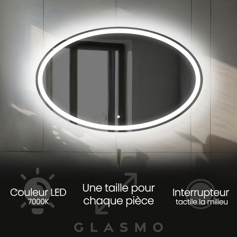 Moderne Miroir avec LED Illumination Salle de Bain 90x60 cm India - Horizontal Ovale sur Mesure LED Lumineux Miroir avec Éclairage intégré - Blanc Froid 7000 K avec Interrupteur Tactile (1/5)