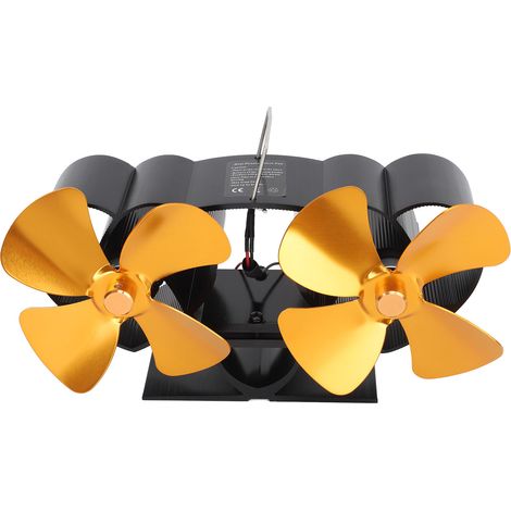 Ventilateur de poêle à double tête en alliage d'aluminium, alimenté par la chaleur, 4 pales, pour cheminée, remplacement doré (1/5)