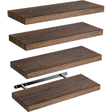 Etagere Murale de Salon et Chambre, Bois de Paulownia, Lot de 4, Brun Étagères murales à supports métalliques cachés, 10 kg par tablette, gabarit de perçage inclus, lot flexible de 4 pièces (1/5)