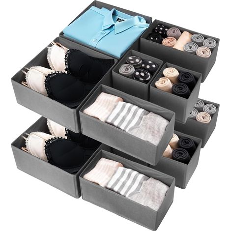 12 Pièces Organiseurs de Tiroir, Rangement Tiroir Vêtement en 3 Tailles, Organisateur de Tiroir Vêtement pour Rangement, Boite Rangement Tissu pour Chemises, Chaussettes et Cravates(Gris) (1/5)