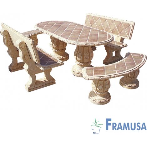 CONJUNTO COMEDOR PIEDRA OVALADO JARDIN FRESNO TOSTADO CON AZULEJOS OCRE