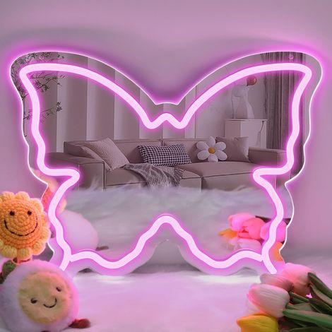 Neonfarbener Schmetterlingsspiegel – Ideales Geburtstagsgeschenk für Teenager und Kinder, Wandspiegel für Mädchenzimmer, USB-betrieben (Pink) (1/5)