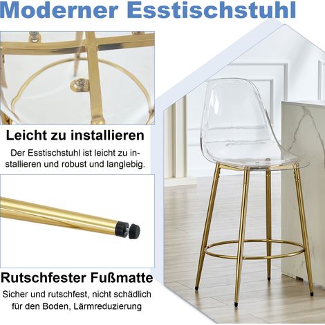 Set de 2 tabourets de bar transparents design suspendu – parfaits pour cuisines ouvertes européennes. Pieds en métal doré, style minimaliste chic. Hauteur totale : 102 cm. (1/5)