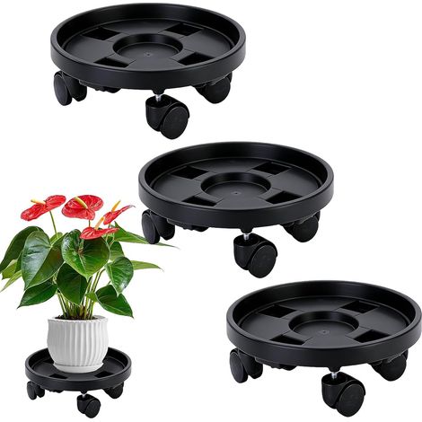 Lot de 3 supports de pot de fleurs ronds en plastique de 30 cm - Charge maximale : 50 kg - Avec roulettes universelles - Soucoupe pour plantes d'intérieur et d'extérieur - Noir (1/5)