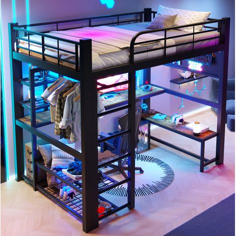 Lit mezzanine 140x200 cm en métal noir, gain de place pour chambre ado, FloraGrace (1/5)