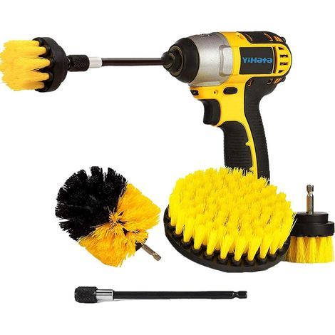 Brosse Nettoyage Perceuse 4 pièces, Brosse pour Perceuse Voiture Carrelage Tapis Baignoire Cuisine Toilettes Jaune (1/5)
