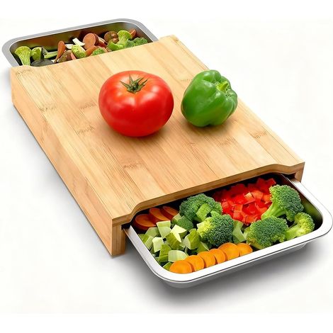 Planche à découper en bambou avec 2 plateaux coulissants en acier inoxydable pour la préparation des aliments, de la viande, des légumes (1/5)
