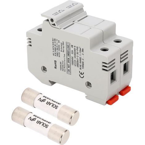 Set di portafusibili fotovoltaici 2P 32A 1000VDC con 2 fusibili fotovoltaici da 20A, portafusibili fotovoltaici miniaturizzato per montaggio su guida DIN, capacità di interruzione 20kA per sistema, A (1/5)