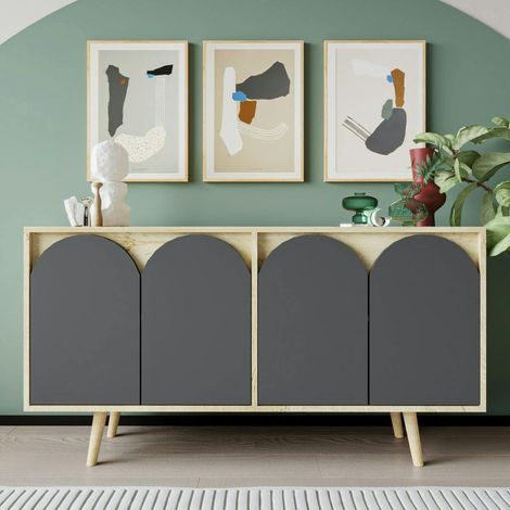 Buffet salle à manger effet bois 4 portes courbes grises VAREN (1/5)