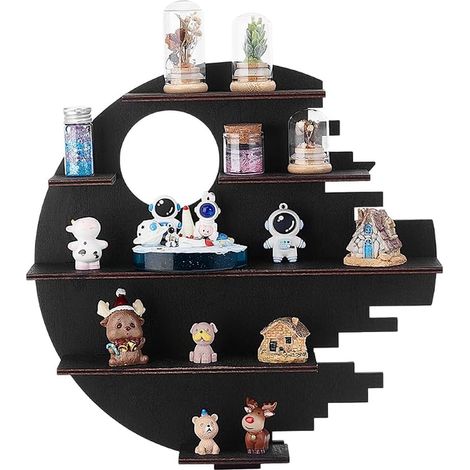 Wall Shelf Organizer Black Wood Moon 5 Levels Floating Shelves for Figurines Collection Decorative Objects Mount Display (1/4)