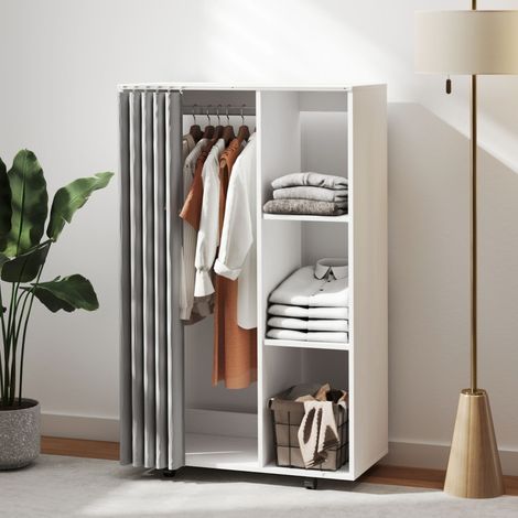 Armoire penderie vêtement dressing mobile 4 roulettes avec tringle à vêtements et étagères ouvertes, blanc