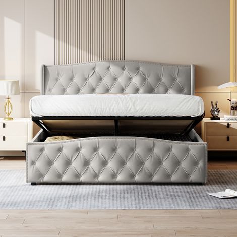 Stauraumbett 160x200 mit Gasdruck-Stauraum, Doppelbett für Erwachsene aus Samt mit Ziernägeln, eleganter Stil, Grau