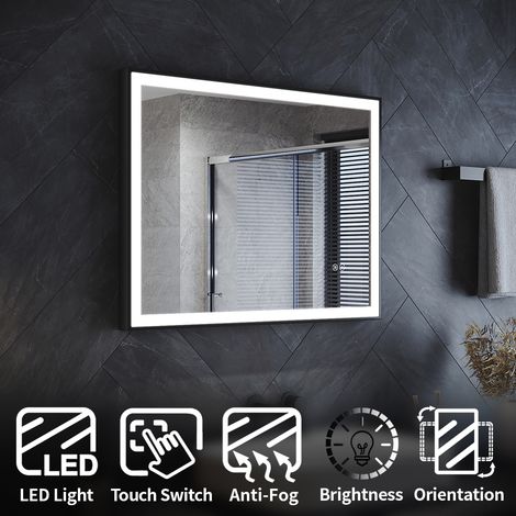 ELEGANT 800 x 600 mm Bathroom Mirror with LED Light, Demister Pad, Hook, Adjustable Brightness, Black Aluminium Frame Wall Mounted Vanity Multi-functional Smart Mirror (1/5)