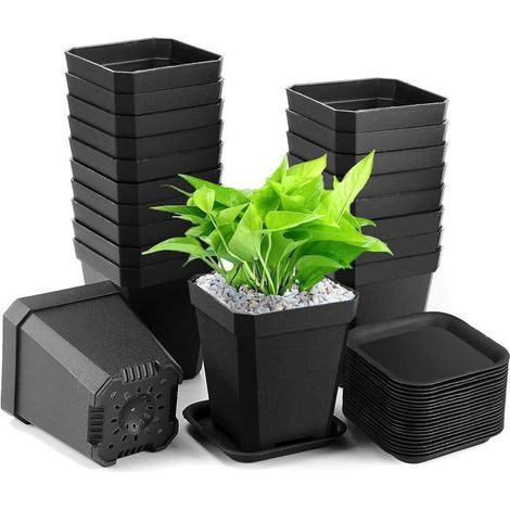 Filiyano-Lot de 20 pots carrés noirs (7 × 7 × 8 cm) avec soucoupe, en plastique épais percé de trous de drainage. (1/5)
