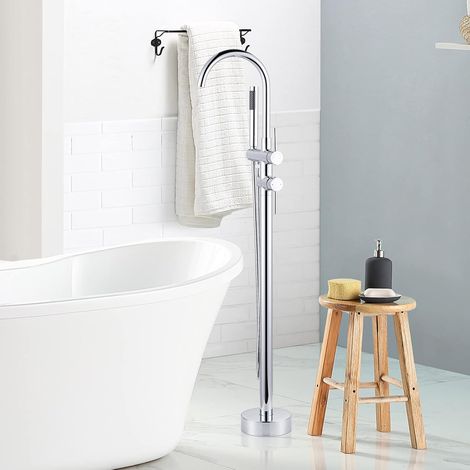 Bath Faucet with Shower Head and Hoses, 360° Swivel Spout, Ceramic Cartridge Mixer Tap for Hotel or Home Bathtubs, Chrome (1/5)