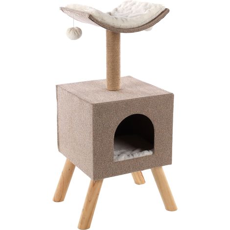 Meuble pour Chat Scandi Beige Blanc Naturel - 43,5x34,5x82cm - Arbre à Chat Maison - Coussin Amovible - Lavable à la Main - Possède des Pieds (1/2)