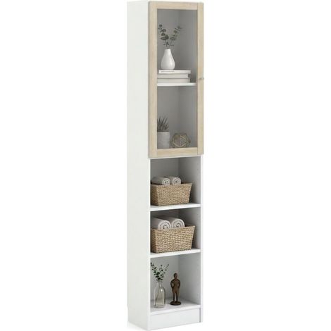 Dmora - Libreria Greg, Scaffale da ufficio, Mobile portalibri, Biblioteca, 41x28 h203 cm, Bianco e Quercia