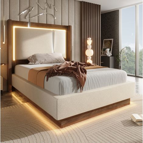 Letto 90x200 con contenitore, LED e rete a doghe idraulica, beige e noce HAVRYA (1/5)