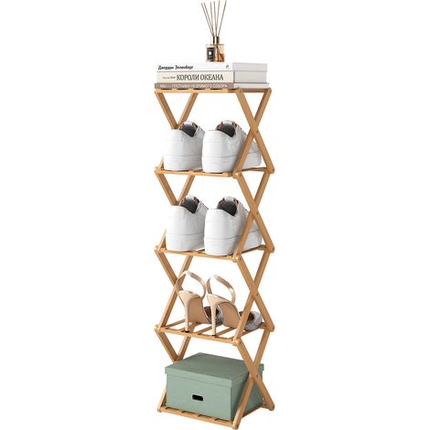 JF HOME BLISS Shoe Rack Foldable Bamboo Freestanding Shoe Organiser for Small Spaces Tall Stand No Assembly Slim Narrow Storage Shelf for Hallway Bedroom Entryway Corner (Wood Color, 5 Tier - Narrow) (1/5)