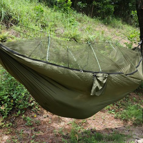 Hamac double avec moustiquaire pour camping extérieur, jardin, jungle (vert militaire) (1/5)