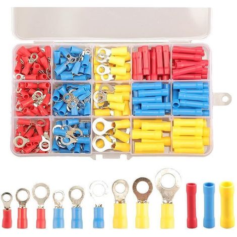 258pcs Cosses Electriques a Sertir Anneau Connecteurs Bout à Bout, 12 Types Cosses a Sertir Anneau Cosses Bout à Bout Bornes électriques, Bornes à Sertir Isolées Connecteurs de Câble de Fil électrique (1/4)