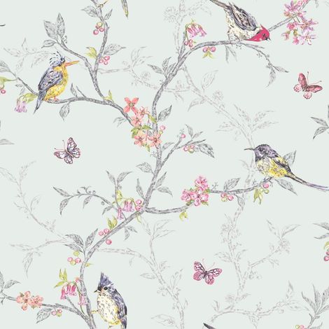 Holden Decor Soft Teal Colourful Birds Trees Floral Butterfly Wallpaper (1/3)