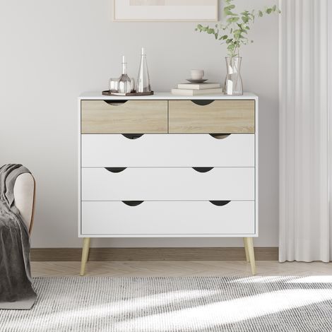 Commode 5 tiroirs Design scandinave Meuble de Rangement Chambre Panneau de Particules 99 x 39 x 101 cm Blanc Aspect chêne Clair (1/5)