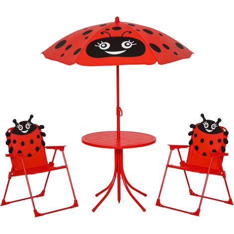Ensemble de jardin enfant 4 pièces : 2 chaises pliantes, table ronde et parasol rouge, acier et tissu Oxford, mobilier extérieur pliable.
