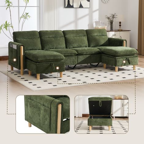 Mobliva Grand canapé d'angle en U avec deux poufs de rangement  canapé modulable quatre places avec pieds de table en bois  canapé confortable en tissu, idéal pour le salon et l'espace familial (cheni (1/5)