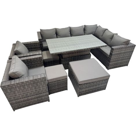 Fimous 11 Seater Rattan Height Adjustable Rising Lifting Table Corner Sofa Sets with 2 Chairs 3 Stool Dark Grey Mixed (1/5)