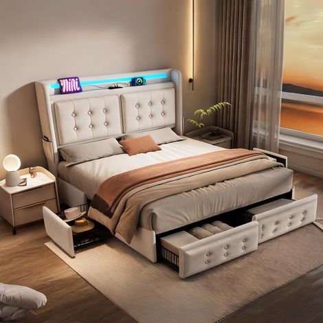 Cadre de lit beige en coton lin 220 x 188 x 106 cm (1/5)