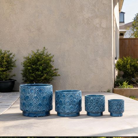Lot de 4 pots de fleurs en céramique bleu riche avec relief cœur (1/5)