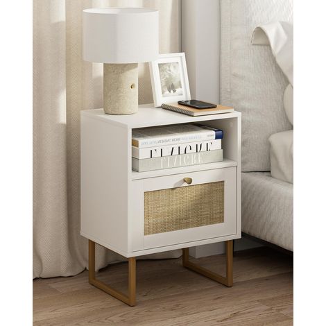 Modern Wooden Bedside Table with Drawer and Open Shelf, Small Side Table with Gold Frame for Bedroom, Living Room, Office (White) (1/5)