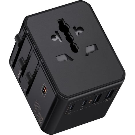 Universal-Reiseadapter mit 3 USB-C- und 2 USB-A-Anschlüssen, 45-W-PD-Schnellladefunktion, kompakt und leicht für internationale Geschäfts- und Urlaubsreisen, Schwarz (1/5)