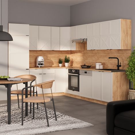 Cuisine en angle Fame-Line, GrisBeige/Chêne doré, 227 x 60 cm sans plan de travail, Vicco