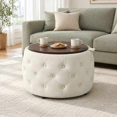 Set 2 pouf contenitore rotondi in velluto beige OKMYHOME