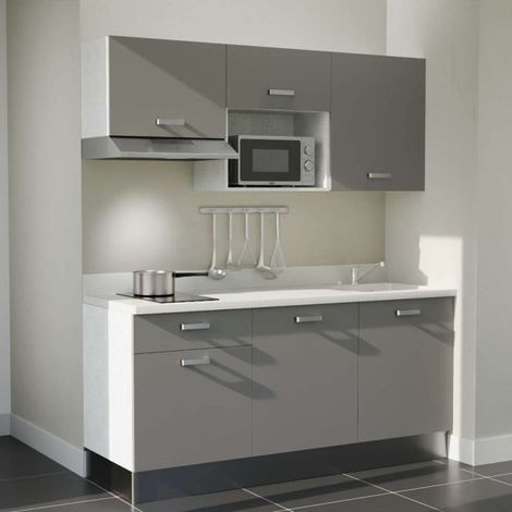 Kitchenette K30L - 180 cm - plan monobloc évier intégré Snova- évier à droite - Façades Gris + Electroménager inclus coloris Inox (1/5)
