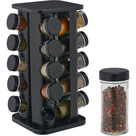 Porte tournante carrée avec 20 bocaux en verre, rotative, tête de tamis pour le remplissage, pour usage en cuisine, noire (1/5)