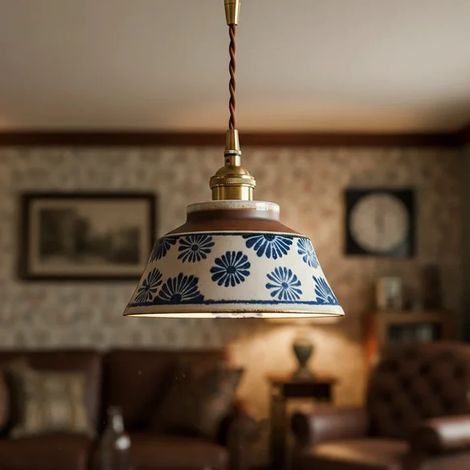 Suspension en céramique sous émail, lustre vintage avec ampoule, petite lampe de chevet LED, plafonnier en porcelaine, φ18 cm, lumière chaude 3000 K (1/5)