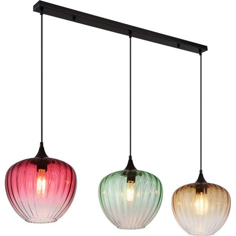 Suspension Plafonnier Métal noir mat Verre rouge/vert/ambre H 150 cm