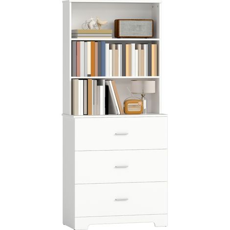 Libreria a Muro con 3 Ripiani Aperti e 3 Cassetti, in Legno, 79x39.5x182.2 cm, Bianco (1/5)
