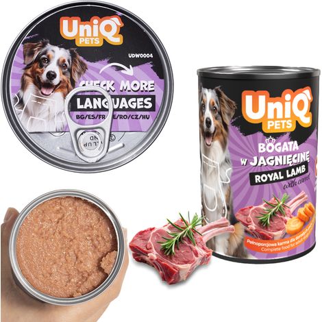 Cibo umido per cani, lattina UniQ Pets Royal Lamb 375g