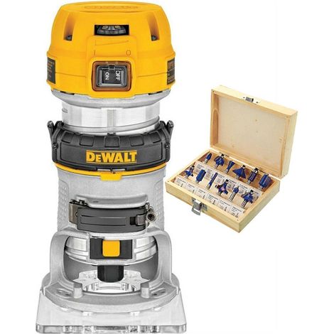 Dewalt D26200 900w Compact Fixed Base Corded Router 240v + 12 Piece Bit Set (1/4)