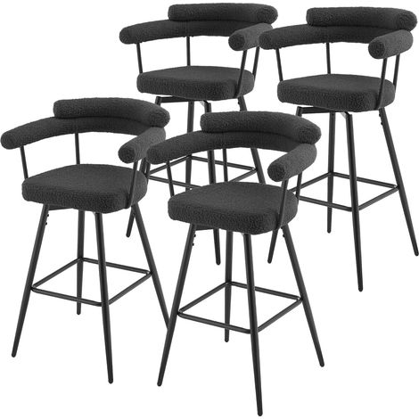 ML-Design Set di 4 Sgabelli da Bar Girevoli 360° in Tessuto Teddy Grigio Scuro Altezza 76 cm, Sedili con Braccioli e Schienale Imbottito, Sedie con Poggiapiedi per Cucina e Bistro con Gambe in Metallo